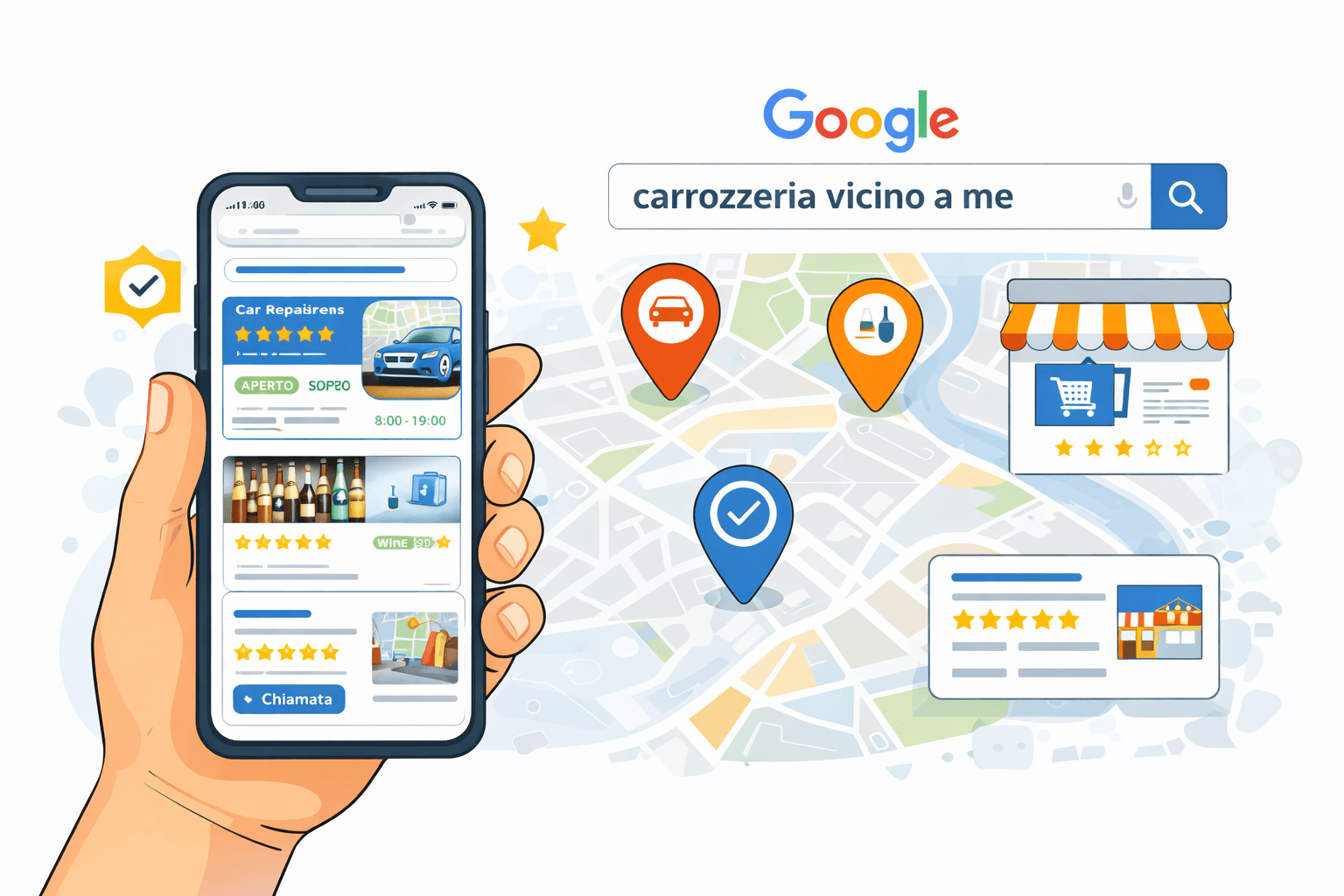 Illustrazione di una scheda Google Business con mappa, recensioni e indicatori locali