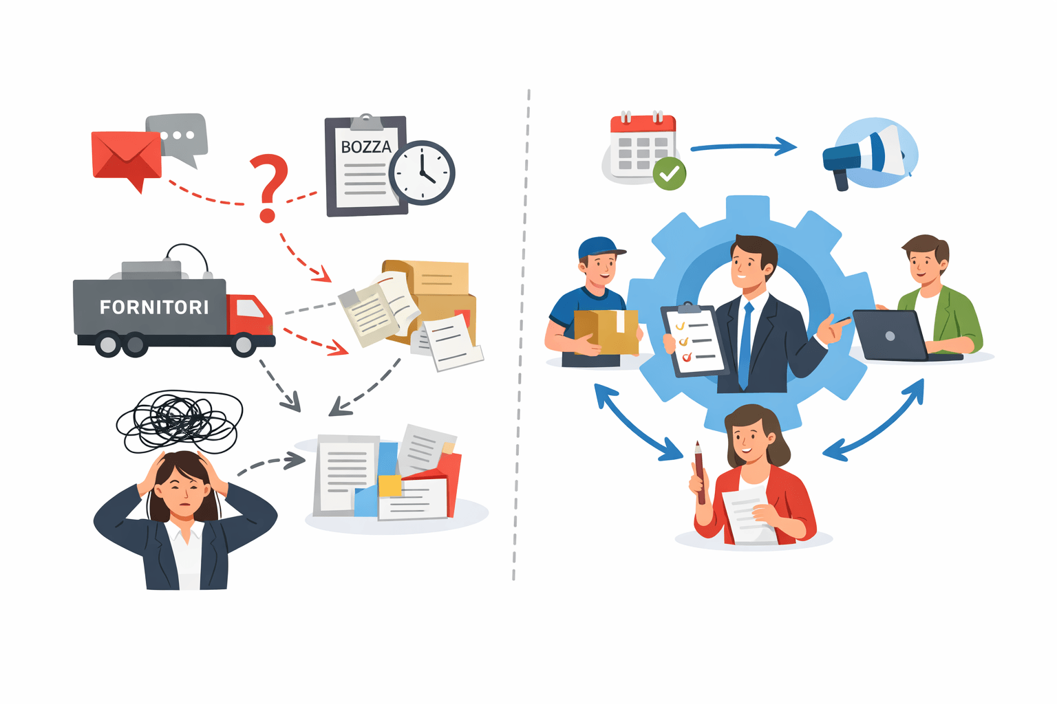 Illustrazione di card e strumenti coordinati da un unico centro decisionale